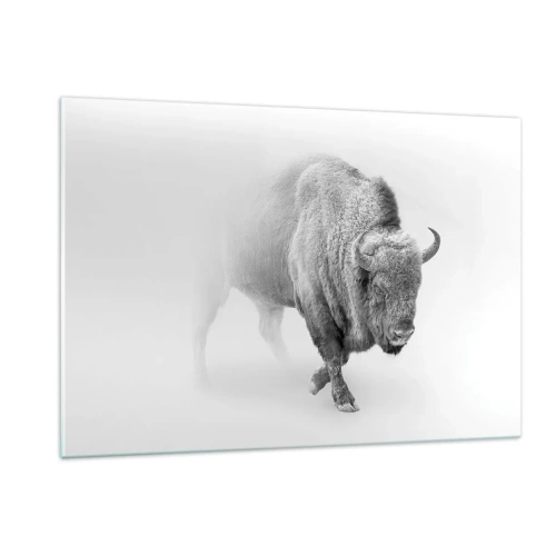 Quadro su vetro - Illustrazione in bianco e nero di un maestoso bisonte - 120x80cm - Il re della prateria - Decorazione murale moderna per soggiorno e camera da letto ARTTOR