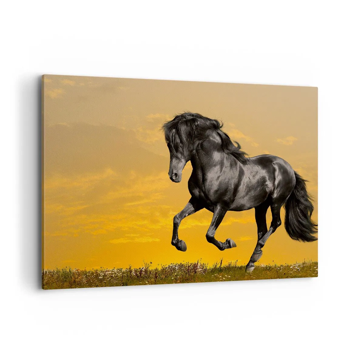 Quadro su tela - Stampe su Tela - Un cavallo nero galoppa sullo sfondo di un tramonto dorato. - 100x70cm - Bello, libero e selvaggio - Decorazione murale moderna per soggiorno e camera da letto ARTTOR