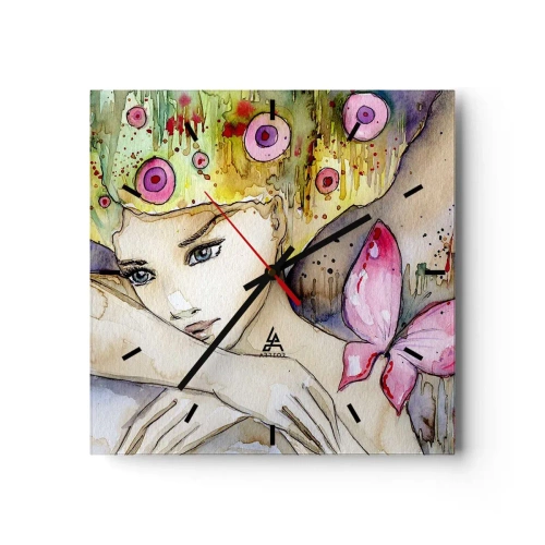 Orologio da parete - Orologio in Vetro - Una donna con un'acconciatura astratta e una farfalla rosa - 30x30cm - La farfalla della principessa - Decorazione murale moderna per soggiorno e camera da letto ARTTOR