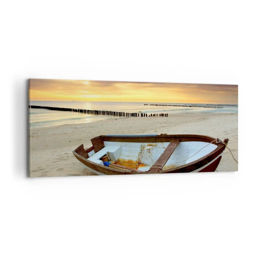 Quadro su tela - Stampe su Tela - Una barca su una spiaggia sabbiosa al tramonto - 120x50cm - Non vi sono spiagge più belle - Decorazione murale moderna per soggiorno e camera da letto ARTTOR