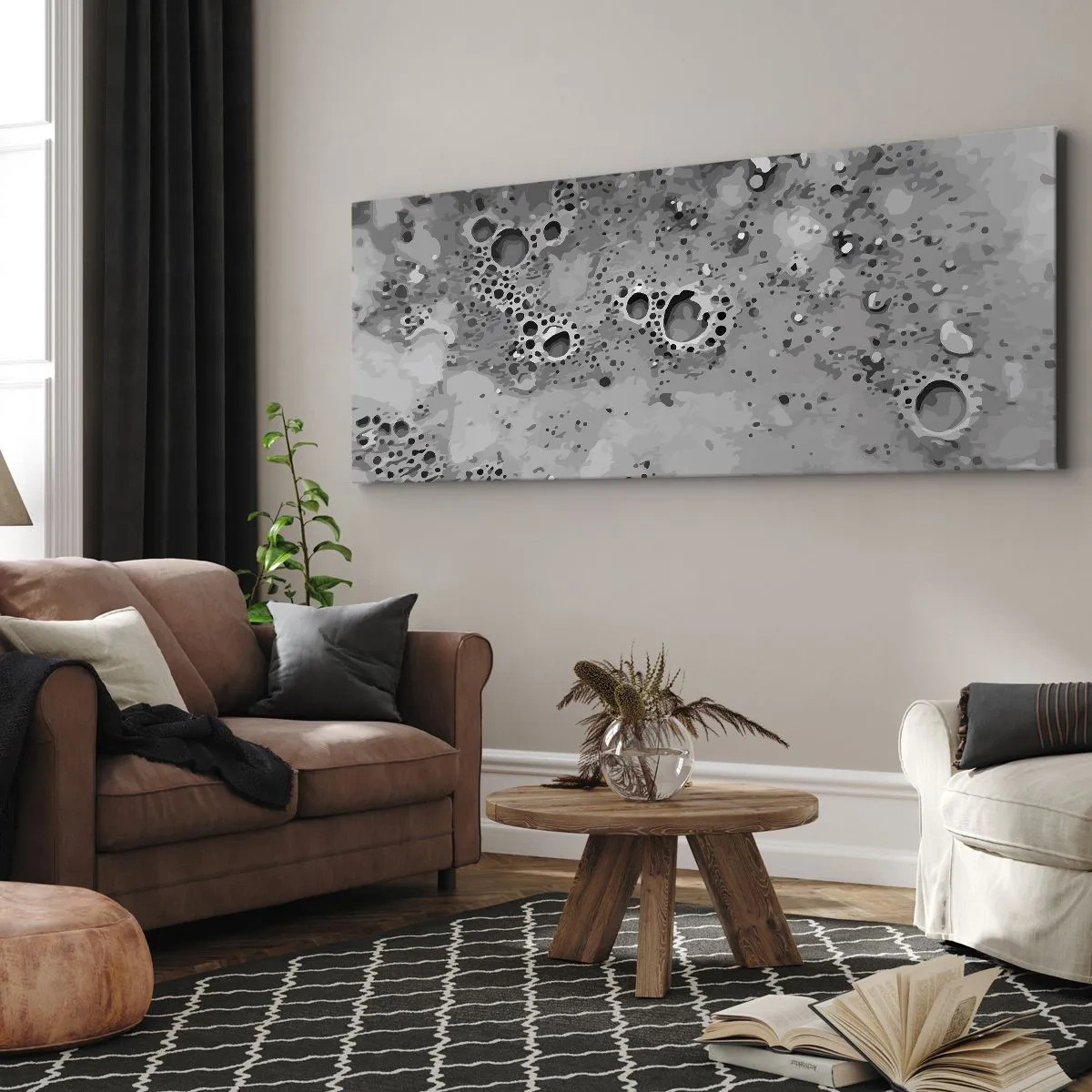 Quadro su tela - Stampe su Tela - Motivo astratto a bolle in bianco e nero - 120x50cm - Come un paesaggio lunare - Decorazione murale moderna per soggiorno e camera da letto ARTTOR