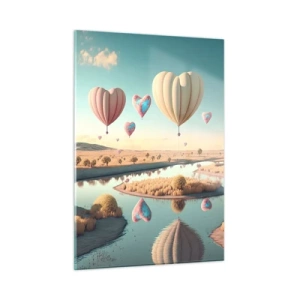 Quadro su vetro - Palloncini a forma di cuore sopra un paesaggio da favola con un fiume - 50x70cm - L'amore permette di volare - Decorazione murale moderna per soggiorno e camera da letto ARTTOR
