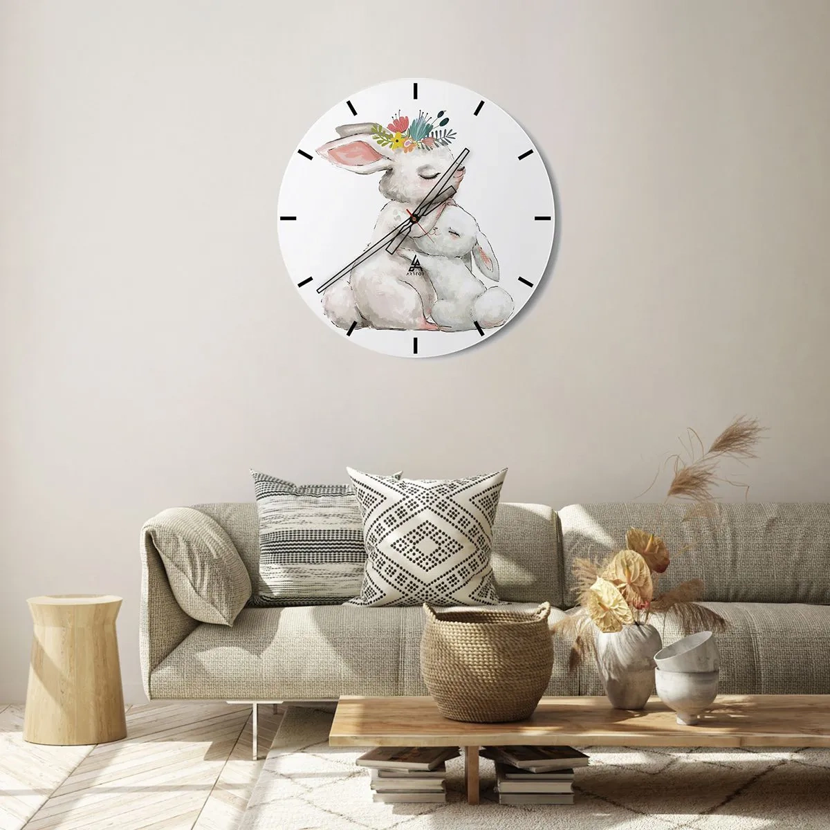 Orologio da parete - Orologio in Vetro - Due coniglietti teneri, quello più grande con una corona di fiori - 30x30cm - Da mamma si sta meglio - Decorazione murale moderna per soggiorno, cucina e camera da letto ARTTOR