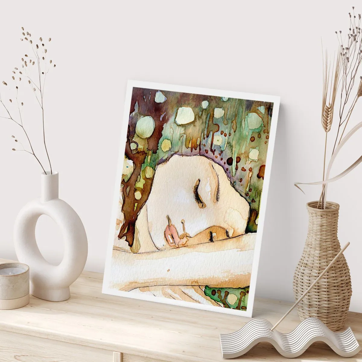 Poster - Ritratto artistico ad acquerello di una donna addormentata - 50x70cm - Sogno smeraldo e viola - Decorazione murale moderna per soggiorno e camera da letto ARTTOR