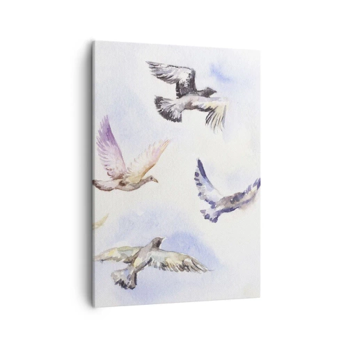 Quadro su tela - Stampe su Tela - Uccelli acquerellati in volo contro un cielo delicato - 50x70cm - Libertà in grigio e blu - Decorazione murale moderna per soggiorno e camera da letto ARTTOR