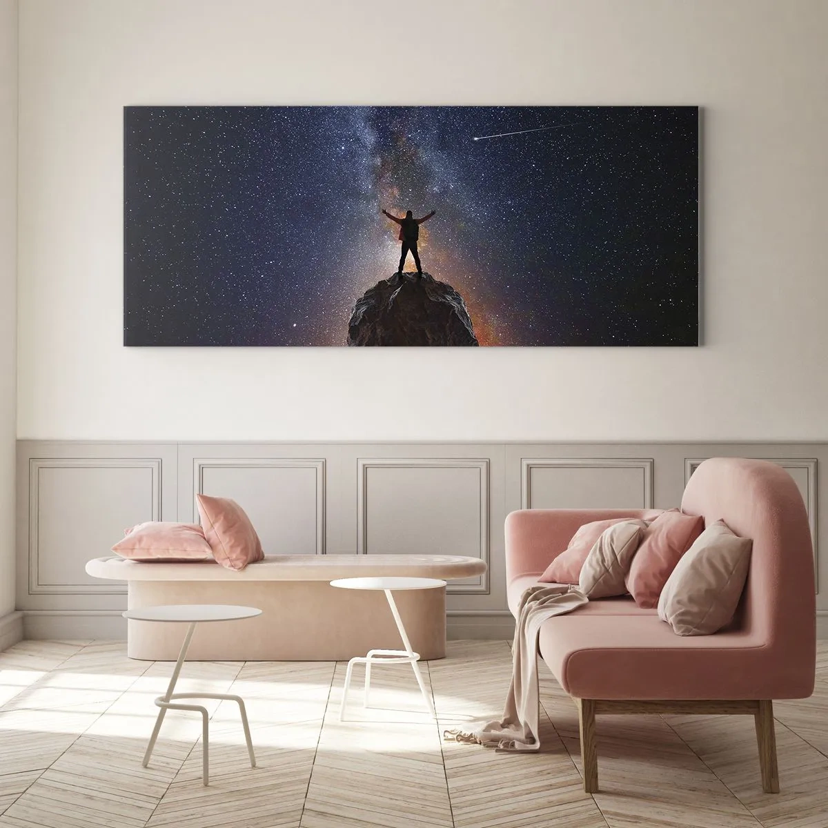 Quadro su vetro - Una figura sulla cima di una montagna sotto un cielo stellato - 160x50cm - La forza è con me! - Decorazione murale moderna per soggiorno e camera da letto ARTTOR