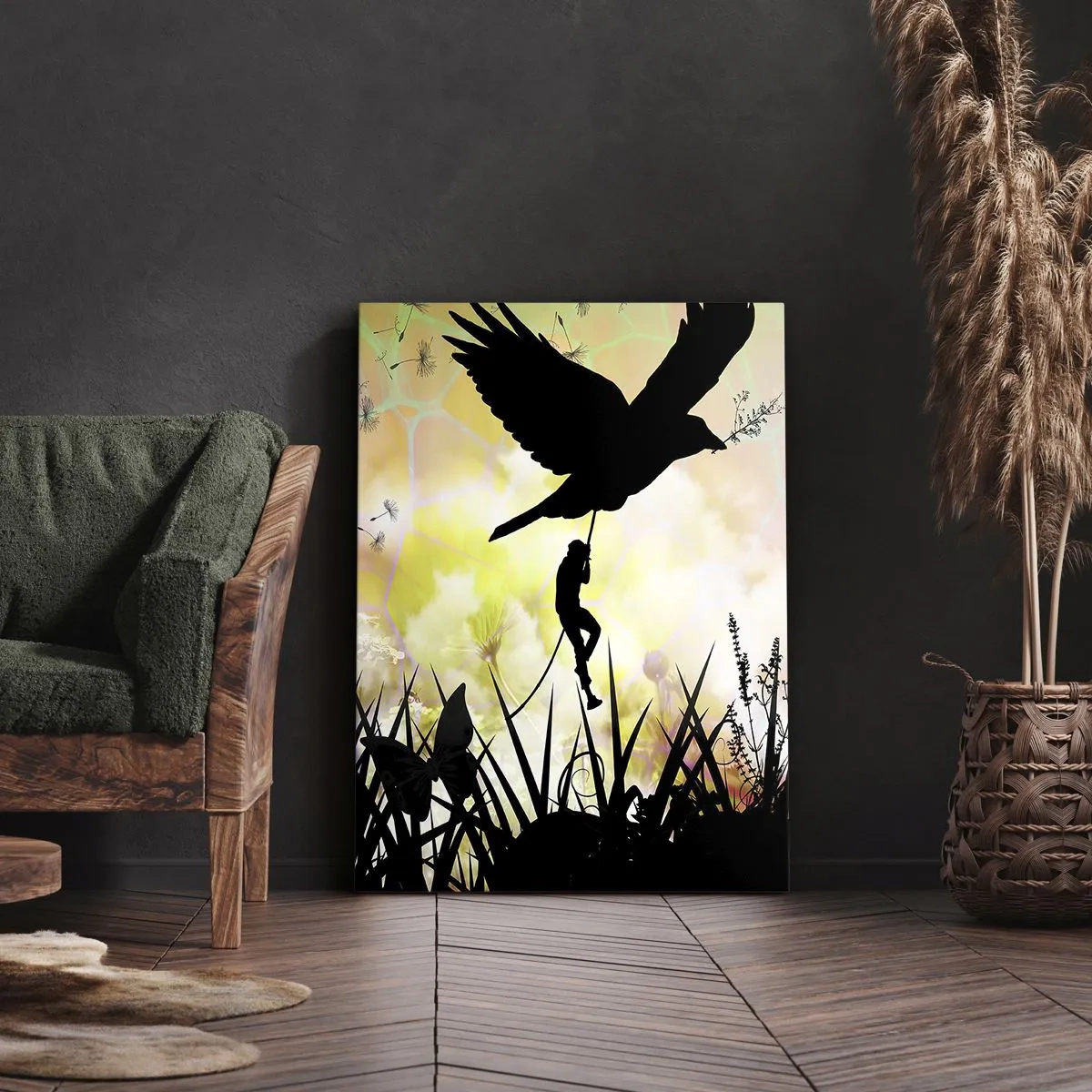 Quadro su tela - Stampe su Tela - Silhouette della natura con un uccello e un dente di leone - 50x70cm - Nell'atmosfera delle favole - Decorazione murale moderna per soggiorno e camera da letto ARTTOR