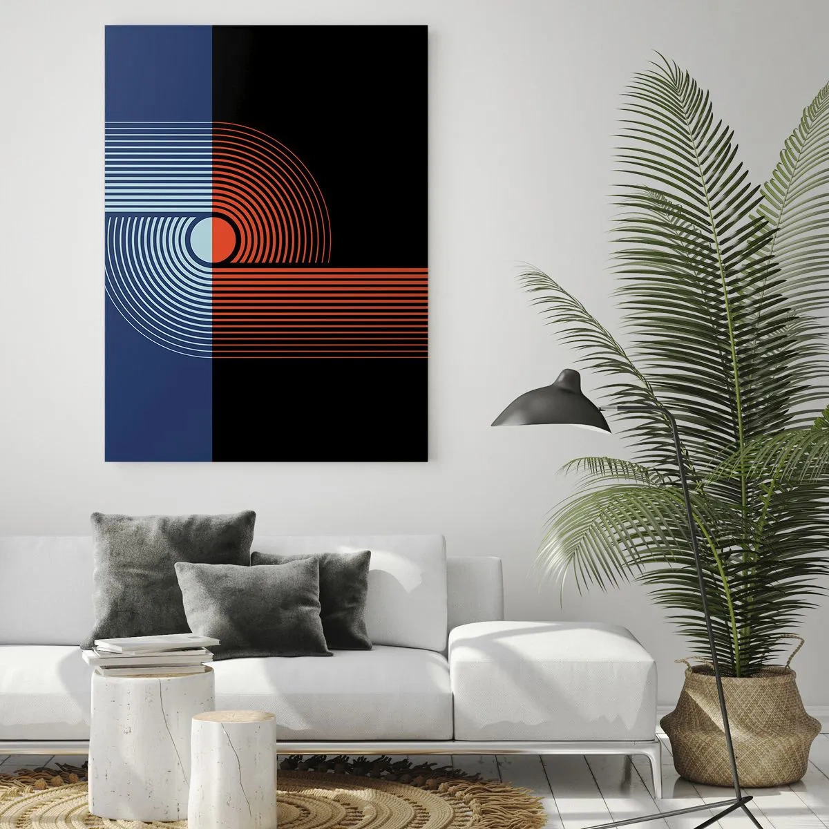 Quadro su vetro - Astrazione geometrica con linee blu navy e arancione. - 80x120cm - Nell'abbraccio geometrico - Decorazione murale moderna per soggiorno e camera da letto ARTTOR