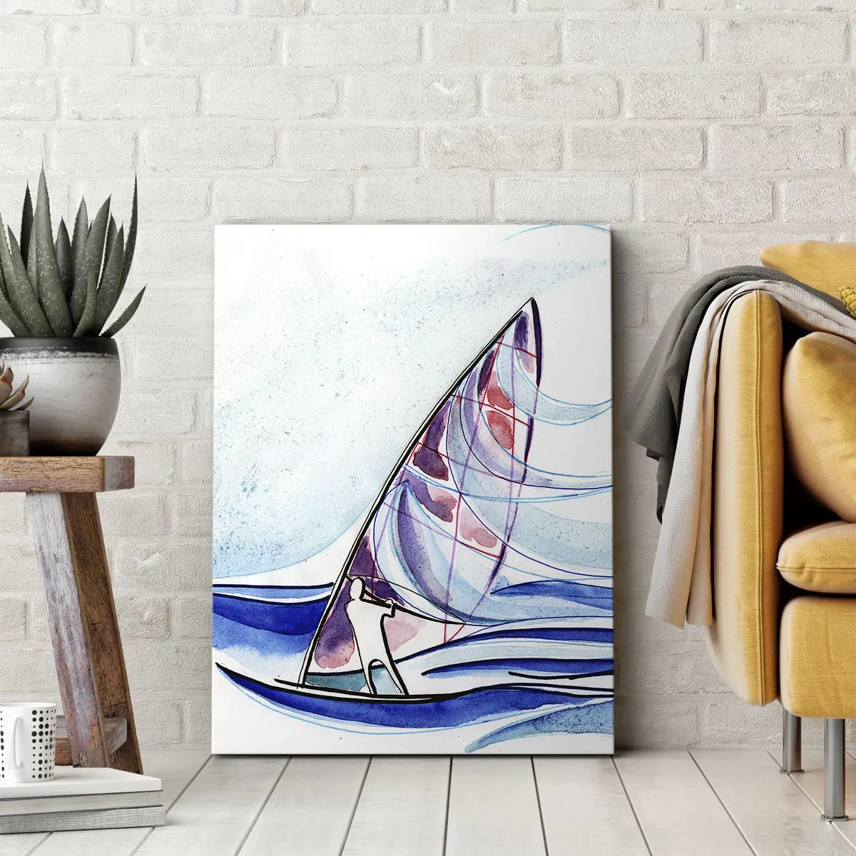 Quadro su tela - Stampe su Tela - Un surfista cavalca le onde in una composizione astratta ad acquerello - 50x70cm - Con il vento al ritmo delle onde - Decorazione murale moderna per soggiorno e camera da letto ARTTOR