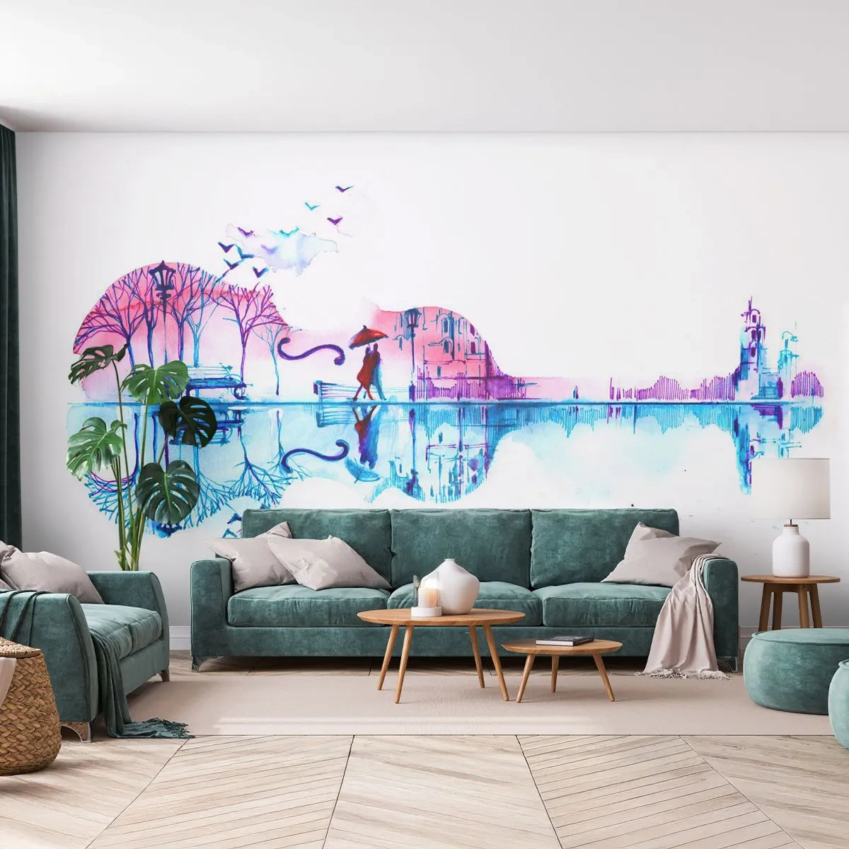 Fotomurali Premium Sand - Scena cittadina ad acquerello a forma di violino - 100x70cm - Vi porto un cantico di pioggia - Decorazione murale moderna per soggiorno e camera da letto ARTTOR