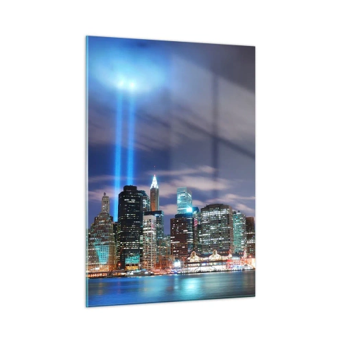 Quadro su vetro - Panorama serale della città con i riflettori - 50x70cm - Toccare il cielo con la luce - Decorazione murale moderna per soggiorno e camera da letto ARTTOR
