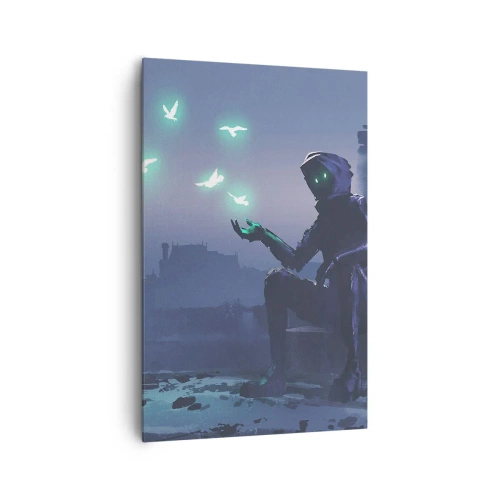 Quadro su tela - Stampe su Tela - Una figura incappucciata con uccelli magici sullo sfondo di una città - 80x120cm - La vita ritorna - Decorazione murale moderna per soggiorno e camera da letto ARTTOR
