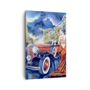 Quadro su tela - Stampe su Tela - Una donna in un abito elegante accanto a un'auto d'epoca di notte - 80x120cm - Notturno in blu e coralli - Decorazione murale moderna per soggiorno e camera da letto ARTTOR