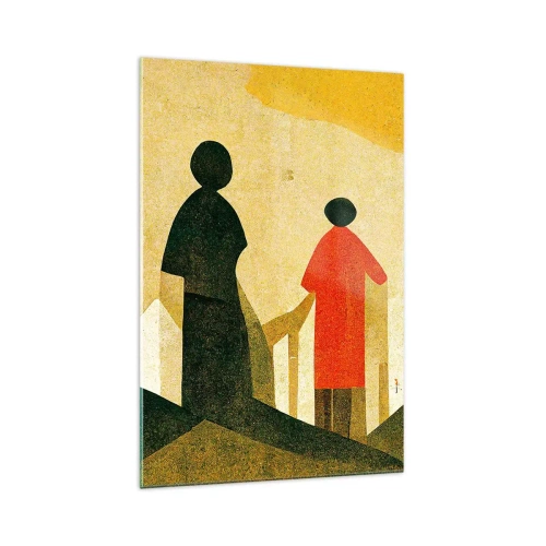 Quadro su vetro - Silhouette geometriche in rosso e verde su sfondo giallo - 70x100cm - La strada è ancora lunga - Decorazione murale moderna per soggiorno e camera da letto ARTTOR