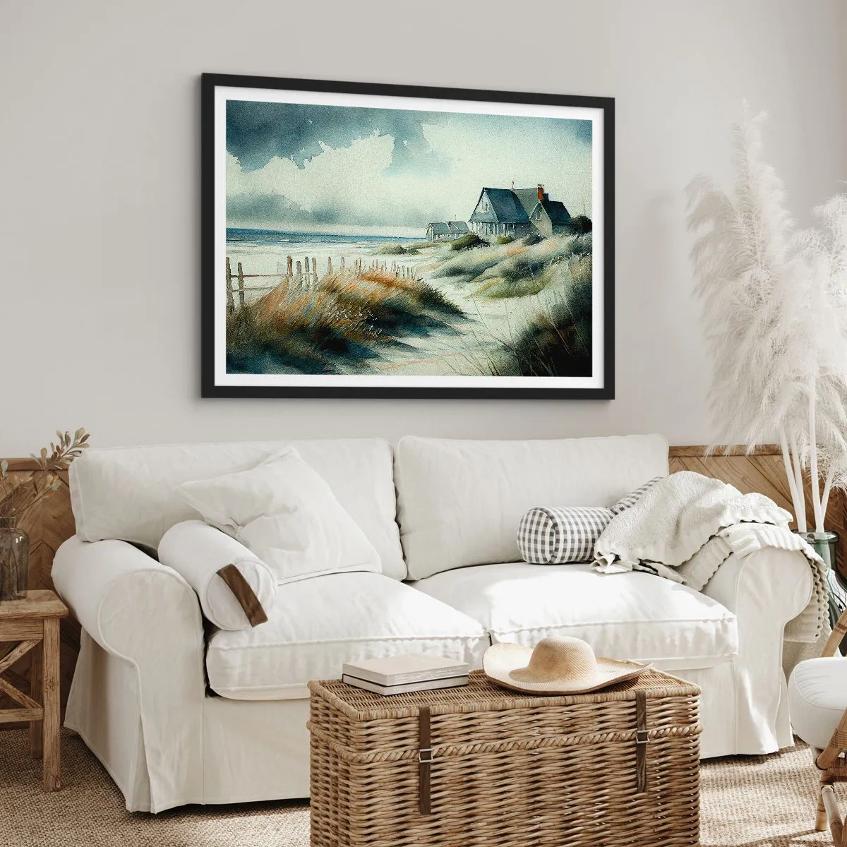 Poster in cornice nera - Una casa al mare circondata dal prato e con vista sul mare - 70x50cm - Lontano dal caos - Decorazione murale moderna per soggiorno e camera da letto ARTTOR