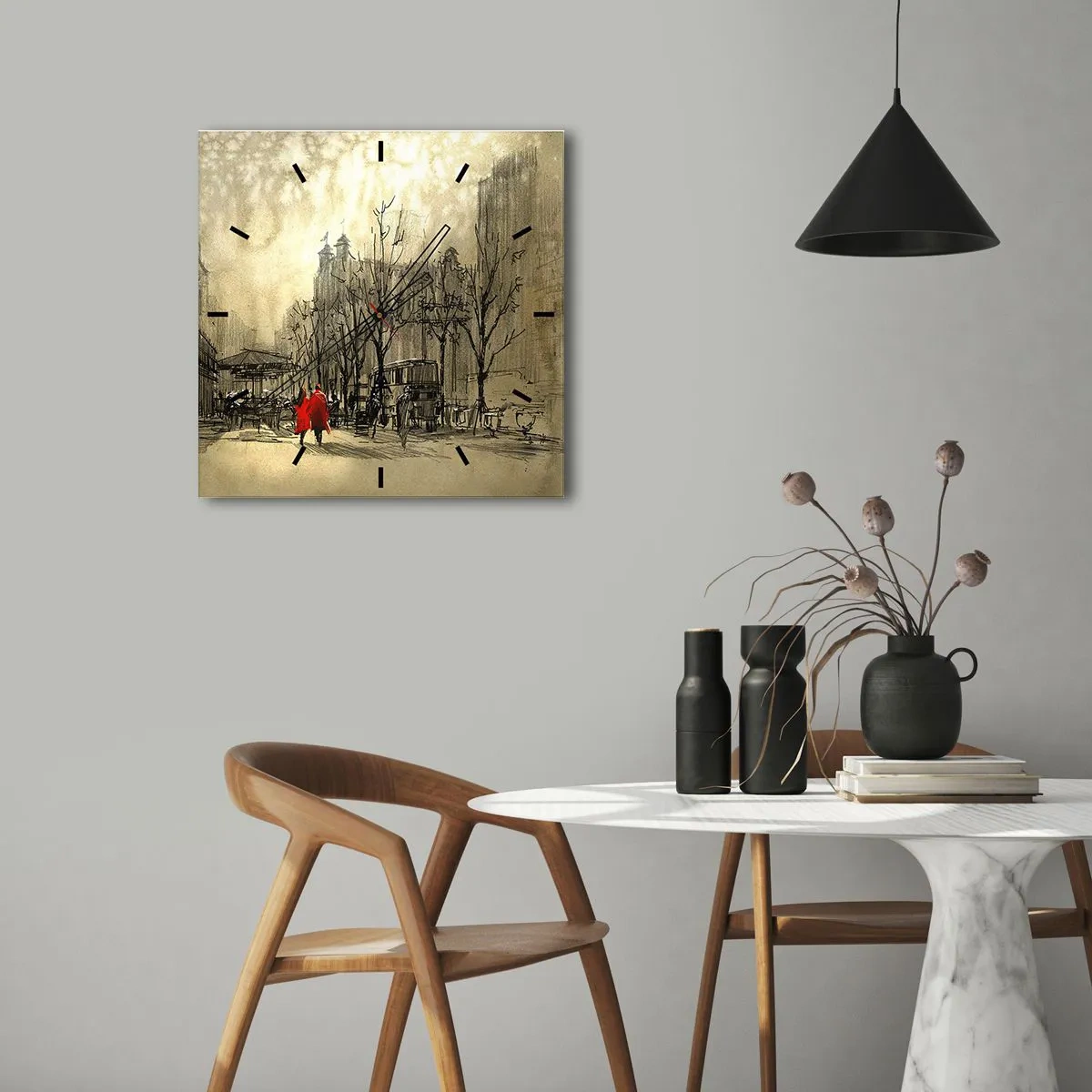 Orologio da parete - Orologio in Vetro - Una figura rossa in un nostalgico contesto urbano - 30x30cm - Appuntamento nella nebbia di Londra  - Decorazione murale moderna per soggiorno e camera da letto ARTTOR