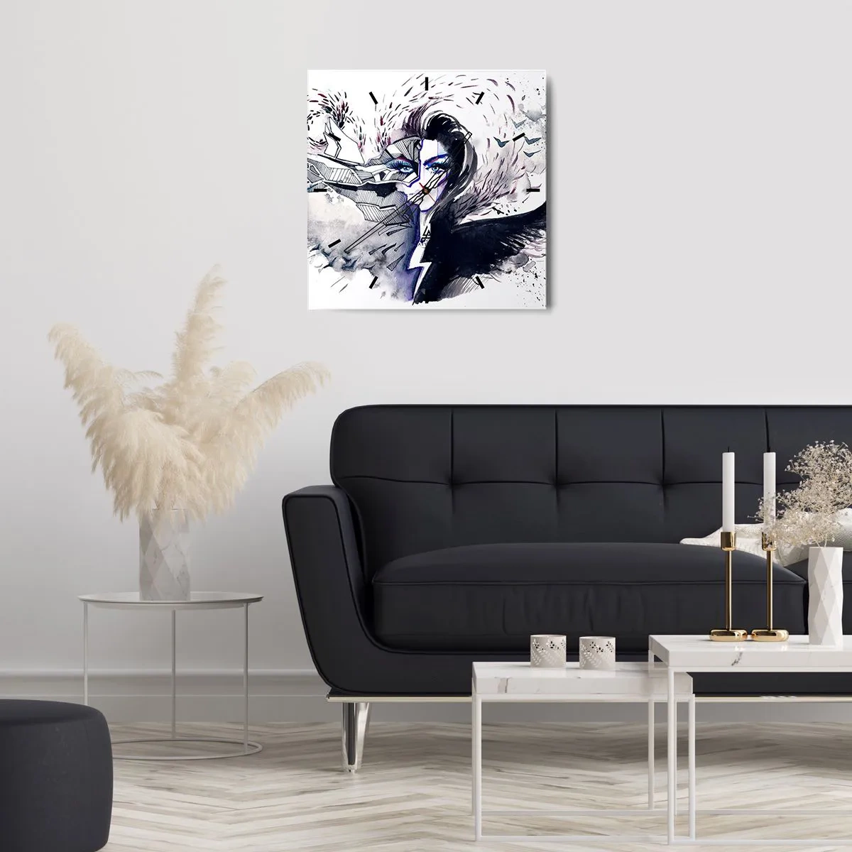 Orologio da parete - Orologio in Vetro - Volto astratto con elementi contrastanti e motivo ad ala - 30x30cm - Bella e demoniaca - Decorazione murale moderna per soggiorno e camera da letto ARTTOR