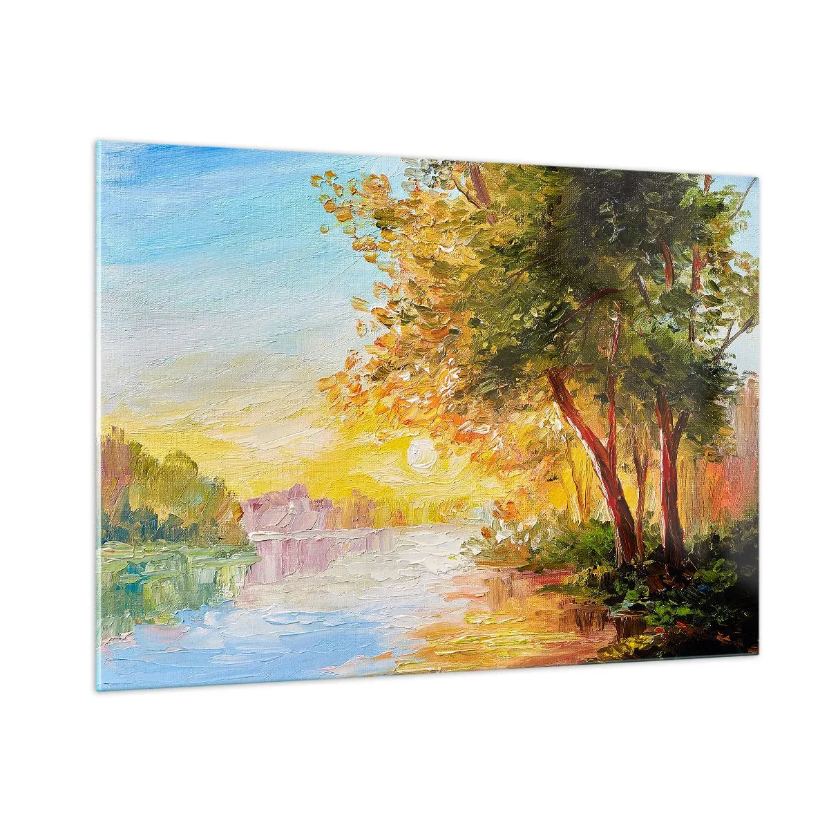 Quadro su vetro - Lago con alberi al tramonto - 100x70cm - Et in Arcadia ego - Decorazione murale moderna per soggiorno e camera da letto ARTTOR