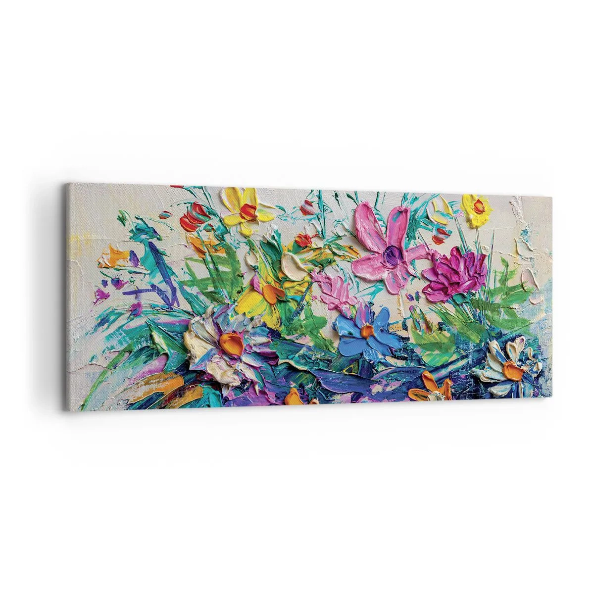 Quadro su tela - Stampe su Tela - Un colorato mazzo di fiori dipinto con la tecnica dell'impasto - 120x50cm - Natura per niente morta - Decorazione murale moderna per soggiorno e camera da letto ARTTOR