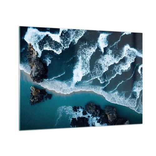 Quadro su vetro - Onde del mare che si infrangono contro la costa rocciosa - 70x50cm - Avvolte dalle onde - Decorazione murale moderna per soggiorno e camera da letto ARTTOR