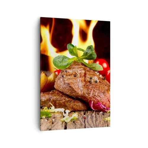 Quadro su tela - Stampe su Tela - Bistecca alla griglia con contorni sullo sfondo delle fiamme - 70x100cm - Incantate dal fuoco - Decorazione murale moderna per soggiorno e camera da letto ARTTOR