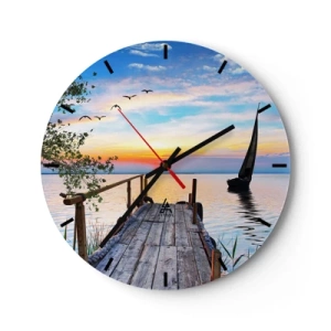 Orologio da parete - Orologio in Vetro - Un molo sul lago alla luce del sole al tramonto - 30x30cm - Buona sera - Decorazione murale moderna per soggiorno, cucina e camera da letto ARTTOR