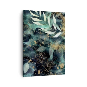 Quadro su tela - Stampe su Tela - Eleganti foglie su sfondo scuro con accenti dorati - 50x70cm - Il giardino incantato - Decorazione murale moderna per soggiorno e camera da letto ARTTOR