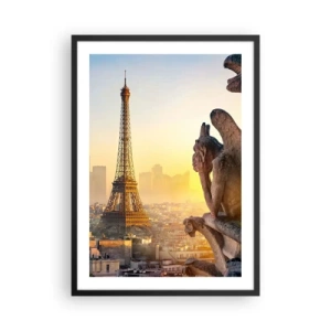 Poster in cornice nera - Una vista della Torre Eiffel all'alba con una prospettiva dei gargoyle di pietra - 50x70cm - Tante cose sono cambiate... - Decorazione murale moderna per soggiorno e camera da letto ARTTOR