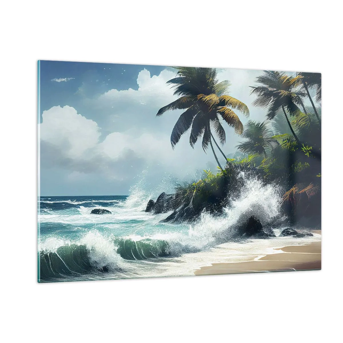 Quadro su vetro - Onde che si infrangono contro le rocce vicino alle palme su una spiaggia tropicale - 120x80cm - Sulla riva tropicale - Decorazione murale moderna per soggiorno e camera da letto ARTTOR