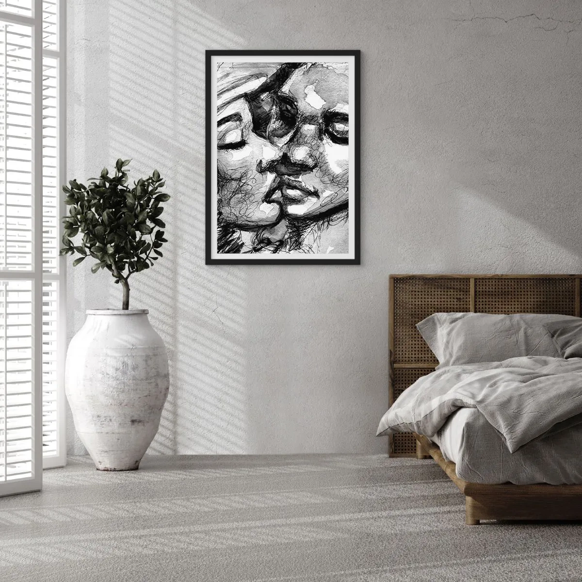 Poster in cornice nera - Ritratto astratto in bianco e nero di un bacio - 50x70cm - Un attimo di tenerezza - Decorazione murale moderna per soggiorno e camera da letto ARTTOR