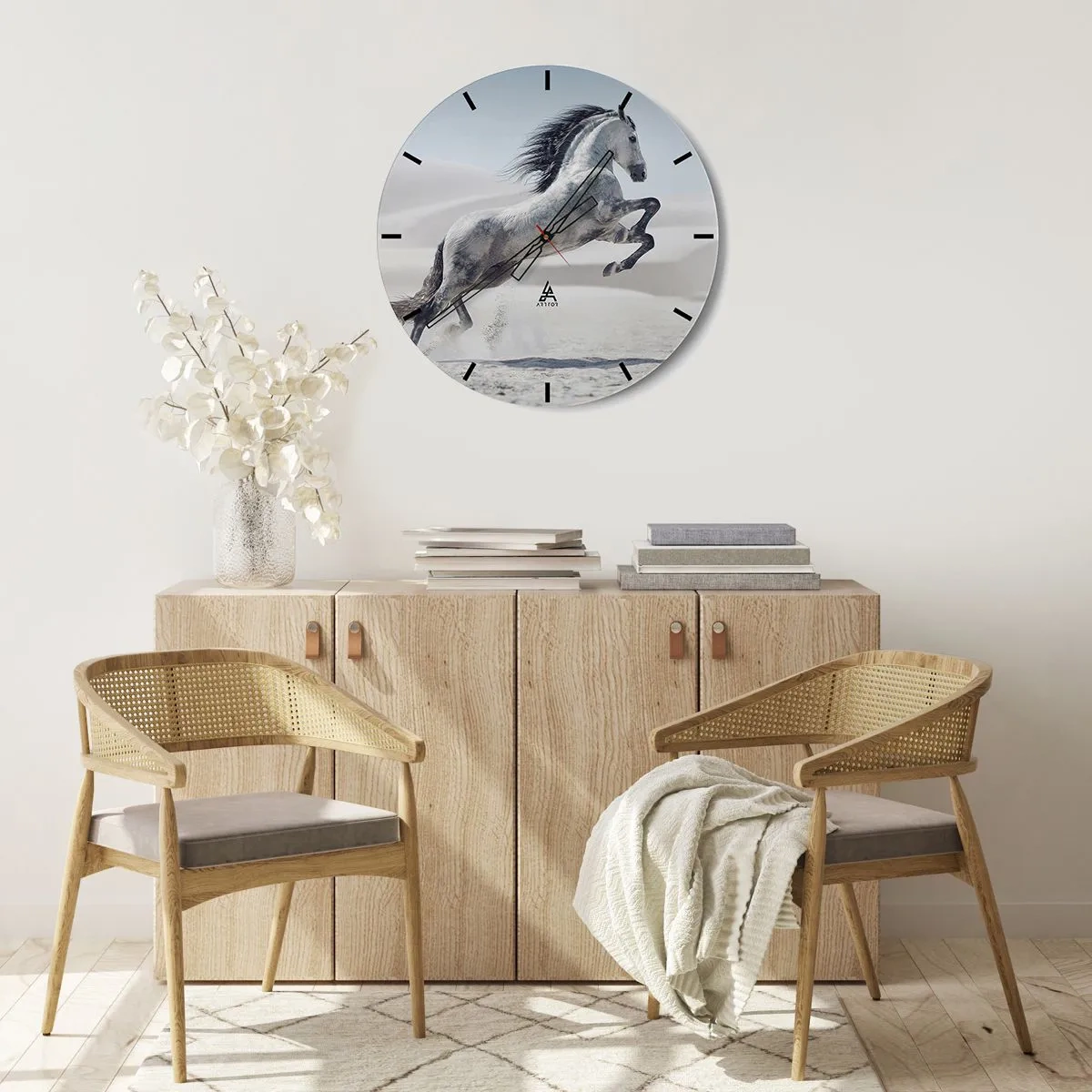 Orologio da parete - Orologio in Vetro - Un cavallo arabo che salta su uno sfondo desertico - 30x30cm - Il principe arabo - Decorazione murale moderna per soggiorno, cucina e camera da letto ARTTOR