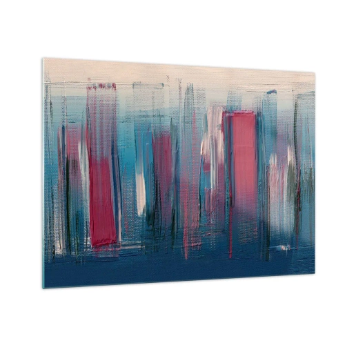 Quadro su vetro - Pennellate verticali in rosso e blu su sfondo beige - 70x50cm - Composizione verticale in blu e rosso - Decorazione murale moderna per soggiorno e camera da letto ARTTOR