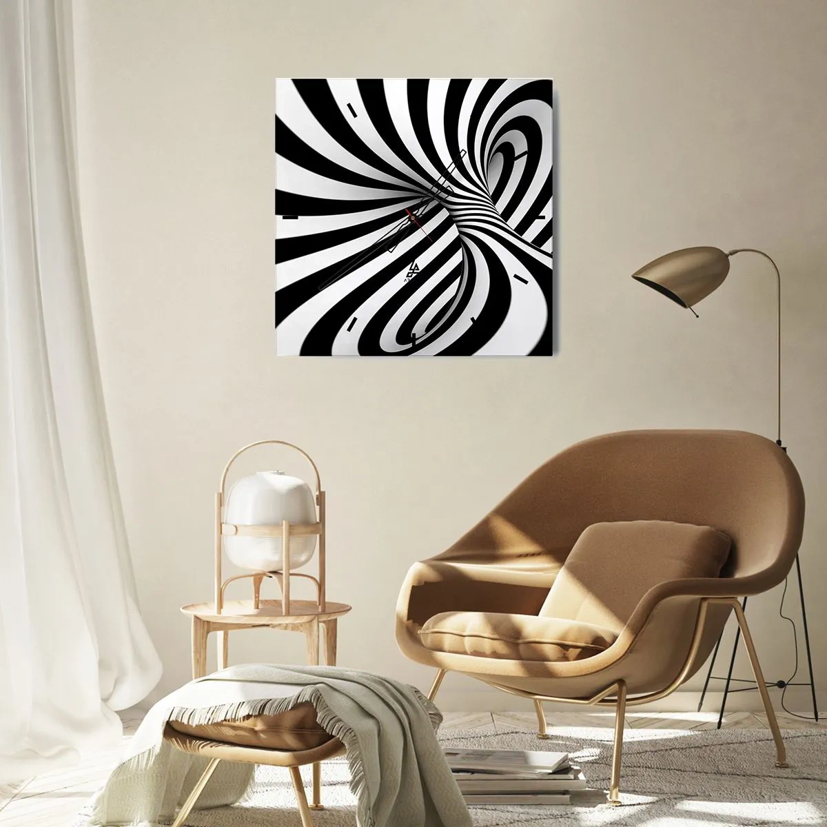 Orologio da parete - Orologio in Vetro - Tunnel astratto con strisce a spirale bianche e nere - 30x30cm - Composizione: spazio danzante - Decorazione murale moderna per soggiorno e camera da letto ARTTOR