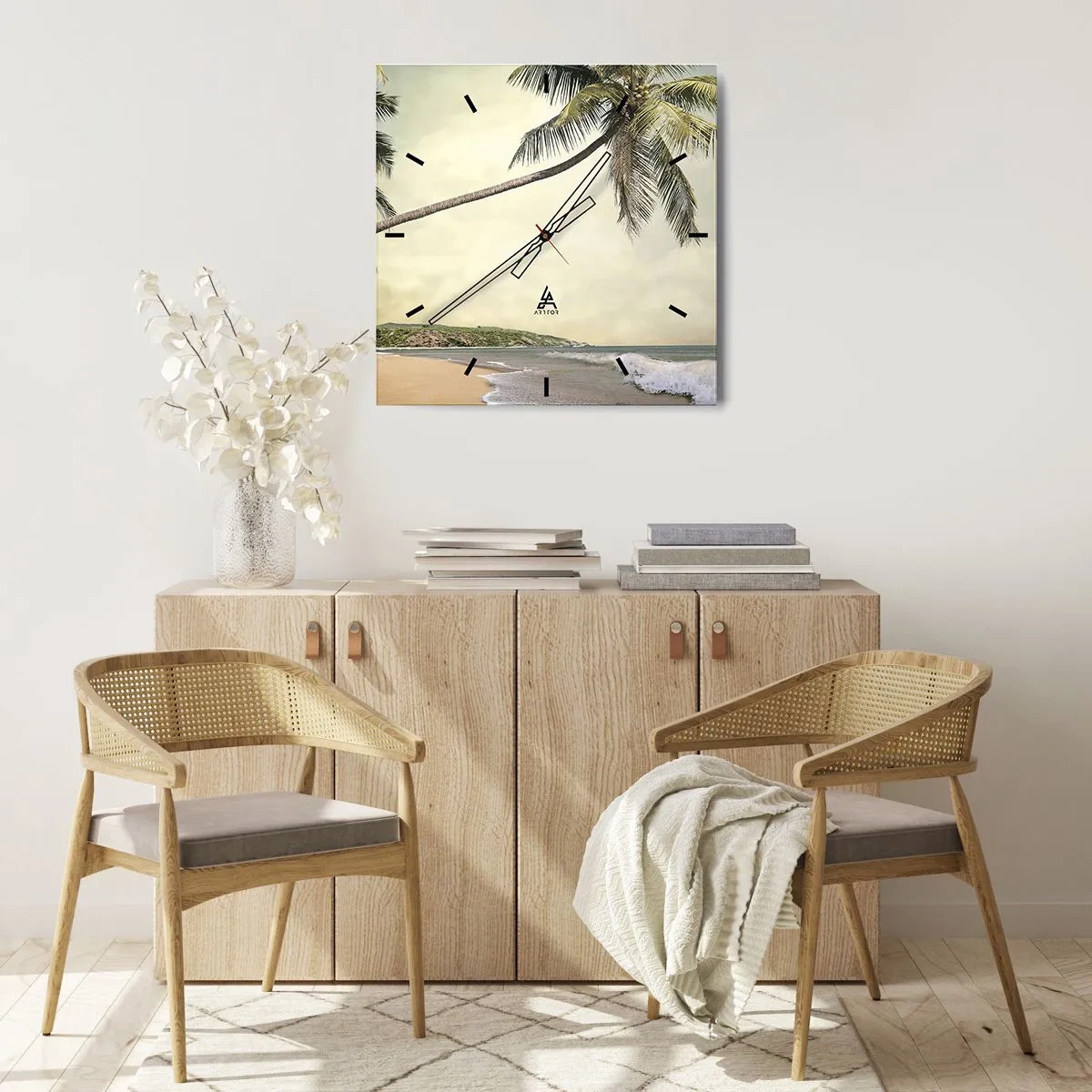 Orologio da parete - Orologio in Vetro - Una spiaggia con palme sullo sfondo di un mare calmo - 30x30cm - Sogno tropicale - Decorazione murale moderna per soggiorno e camera da letto ARTTOR