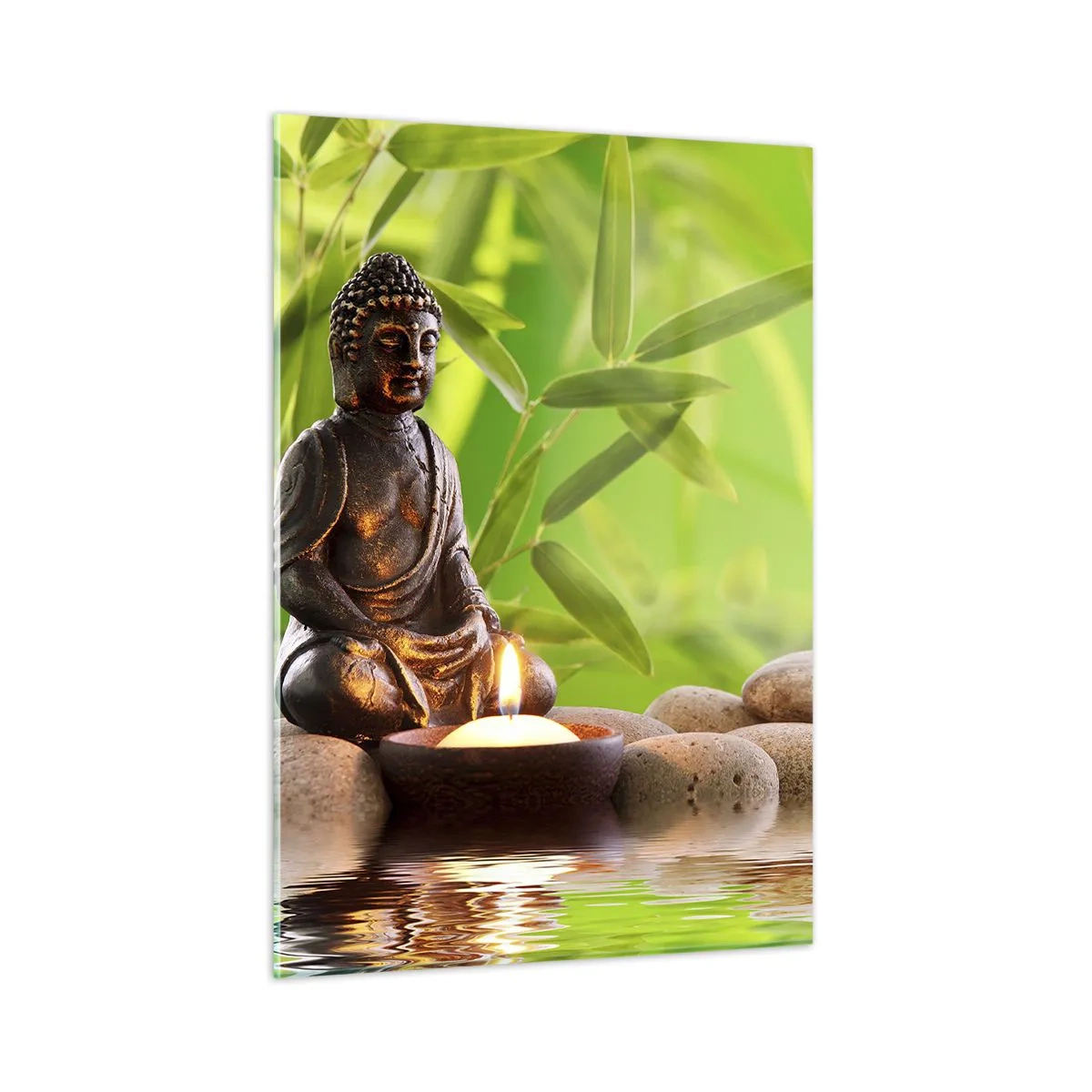 Quadro su vetro - Una figura di Buddha con una candela accesa in un ambiente verde - 50x70cm - La vita è bella - Decorazione murale moderna per soggiorno e camera da letto ARTTOR