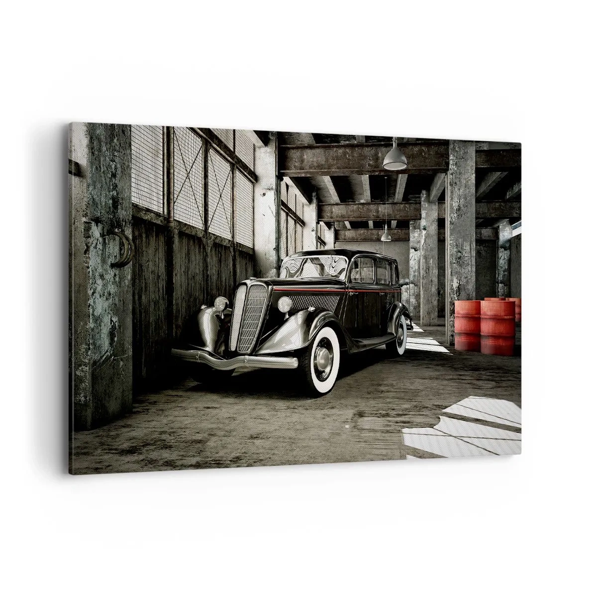 Quadro su tela - Stampe su Tela - Elegante auto retrò in un magazzino grezzo - 100x70cm - L'eleganza eterna degli anni '30 - Decorazione murale moderna per soggiorno e camera da letto ARTTOR