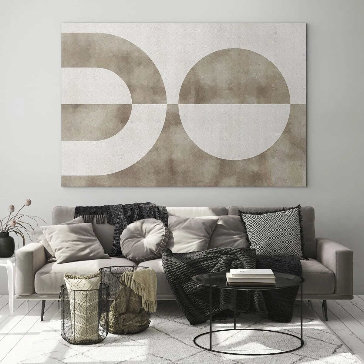Quadro su vetro - Geometria beige con un semicerchio e un cerchio su uno sfondo orizzontale - 100x70cm - Analogie e differenze - Decorazione murale moderna per soggiorno e camera da letto ARTTOR