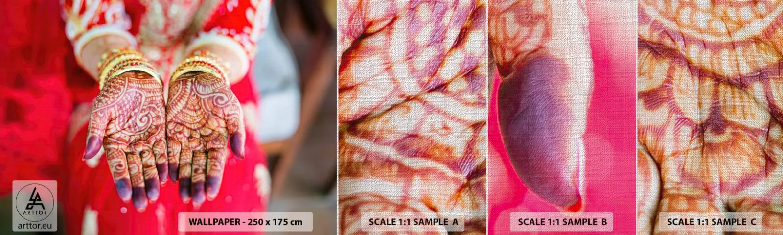 Campione di Fotomurale Premium Canvas - Pronta ad afferrare la fortuna - Le mani delle donne, Disegni orientali, India - 100x30 cm