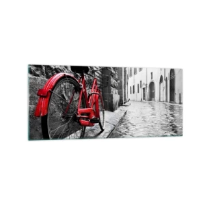 Quadro su vetro - Bicicletta rossa in una strada bianca e nera - 120x50cm - La vera bellezza non invecchia - Decorazione murale moderna per soggiorno e camera da letto ARTTOR