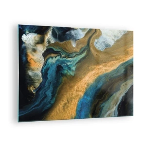 Quadro su vetro - Composizione astratta nei toni del blu e dell'oro - 70x50cm - Blu-oro: influenza reciproca - Decorazione murale moderna per soggiorno e camera da letto ARTTOR