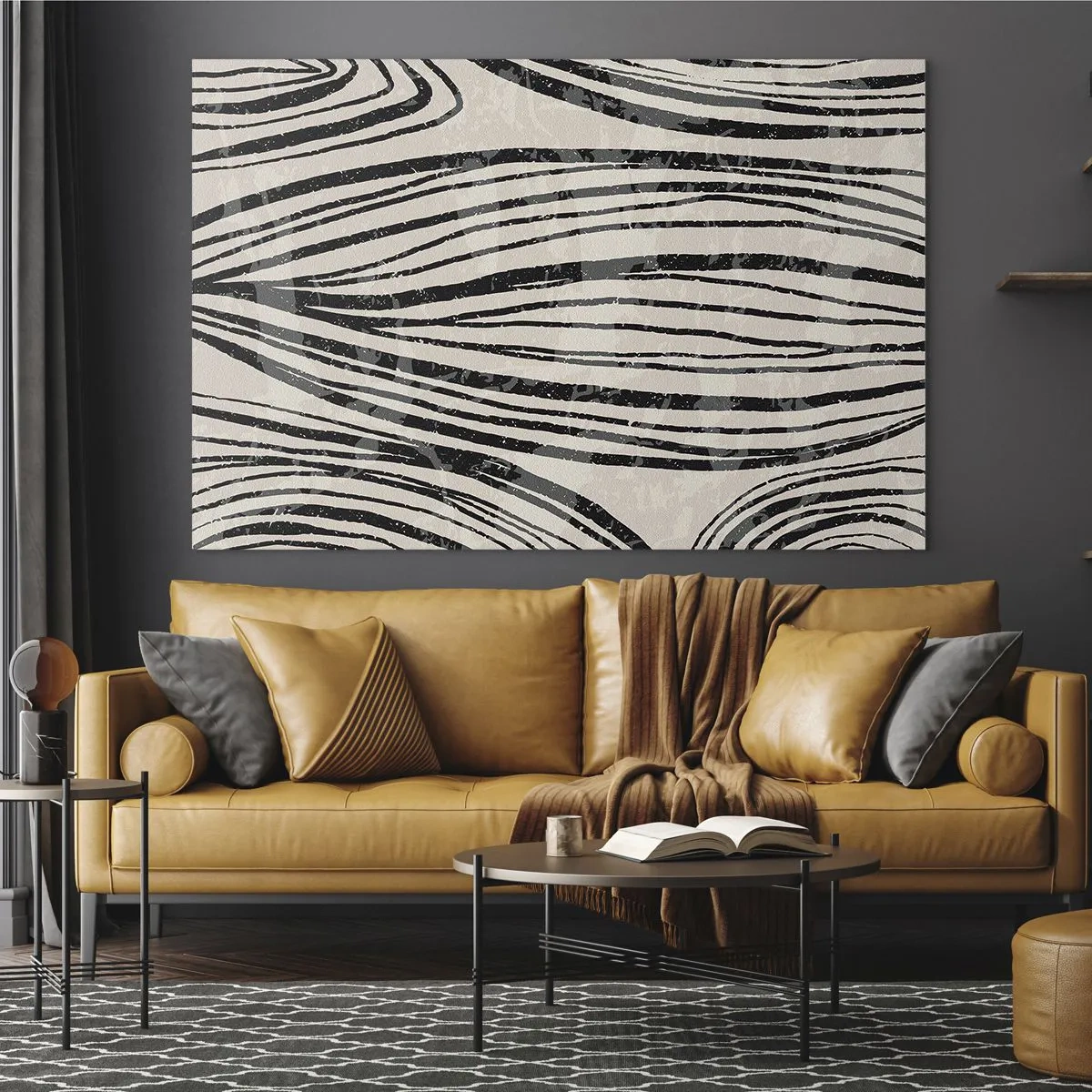 Quadro su vetro - Onde di linee nere su uno sfondo chiaro - 120x80cm - Una palude di linee - Decorazione murale moderna per soggiorno e camera da letto ARTTOR