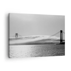 Quadro su tela - Stampe su Tela - Un ponte sull'acqua avvolto nella nebbia in uno scatto in bianco e nero - 70x50cm - Navigare attraverso la Porta d'Oro - Decorazione murale moderna per soggiorno e camera da letto ARTTOR