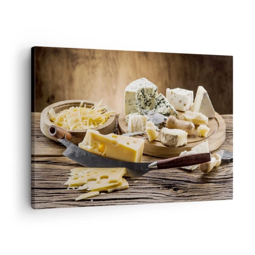 Quadro su tela - Stampe su Tela - Un tagliere di formaggi con diversi tipi su un tavolo di legno - 70x50cm - Sorridi al formaggio - Decorazione murale moderna per soggiorno e camera da letto ARTTOR