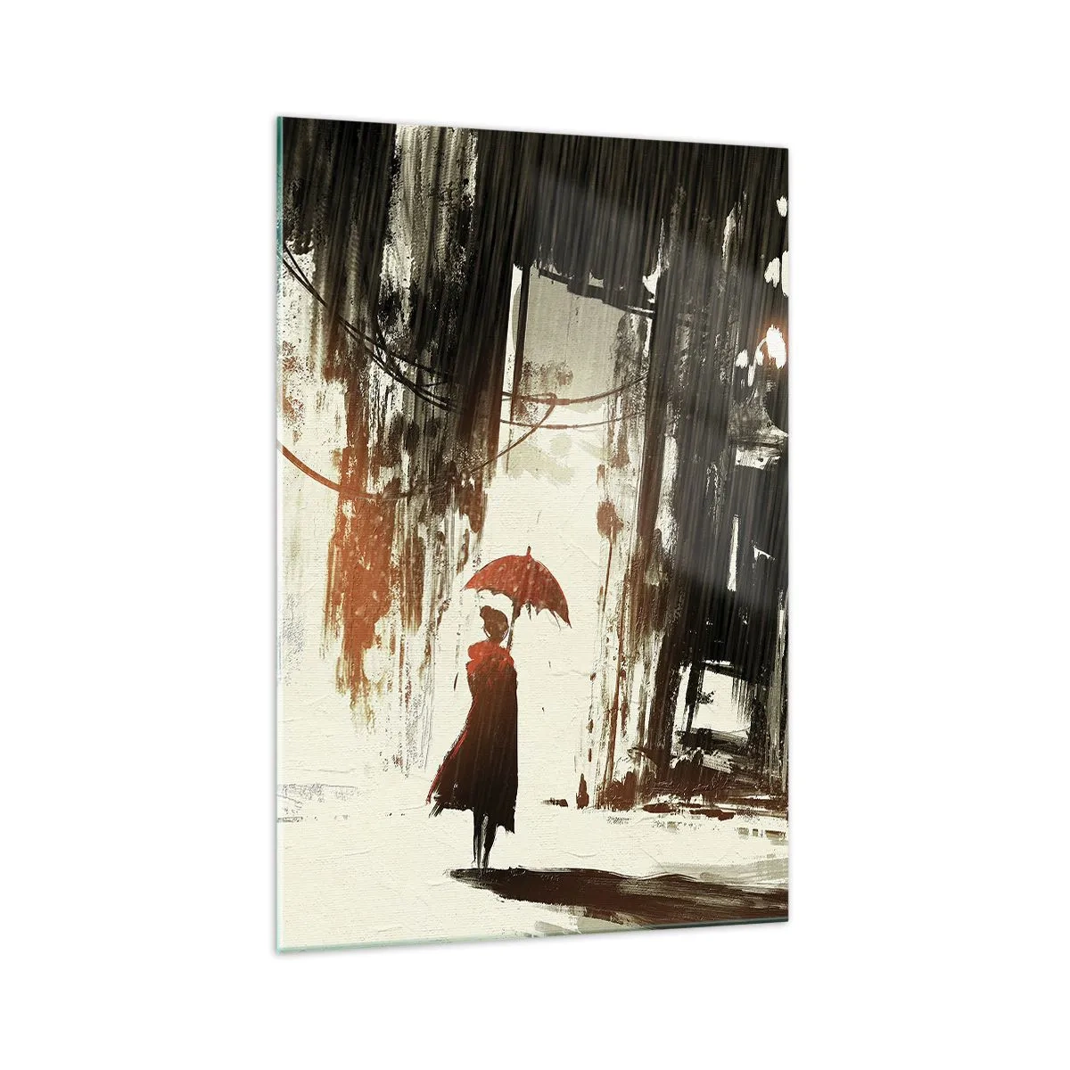 Quadro su vetro - Una figura rossa con un ombrello in una scena piovosa - 70x100cm - La poesia dell'ombrello rosso - Decorazione murale moderna per soggiorno e camera da letto ARTTOR