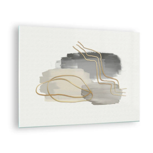 Quadro su vetro - Astrazione con macchie grigie e linee dorate su uno sfondo chiaro - 70x50cm - Durata e movimento - Decorazione murale moderna per soggiorno e camera da letto ARTTOR