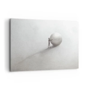 Quadro su tela - Stampe su Tela - Una figura minimalista con una palla su uno sfondo chiaro e monocromatico. - 100x70cm - Il gioco della vita - Decorazione murale moderna per soggiorno e camera da letto ARTTOR