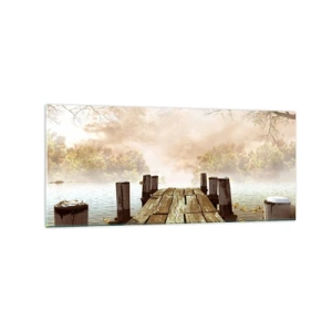 Quadro su vetro - Un molo di legno che conduce a un lago calmo nella nebbia mattutina - 120x50cm - La mite melanconia autunnale - Decorazione murale moderna per soggiorno e camera da letto ARTTOR