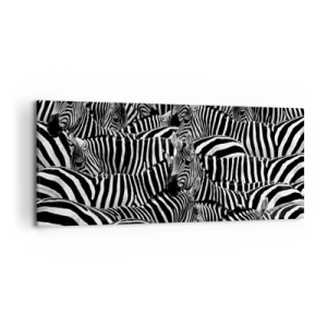 Quadro su tela - Stampe su Tela - Un gruppo di zebre con strisce bianche e nere che creano un motivo di simmetria. - 120x50cm - Ritratto collettivo a strisce - Decorazione murale moderna per soggiorno e camera da letto ARTTOR