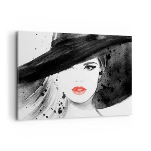 Quadro su tela - Stampe su Tela - Ritratto di una donna con un cappello e labbra rosse - 100x70cm - Donna in nero - Decorazione murale moderna per soggiorno e camera da letto ARTTOR
