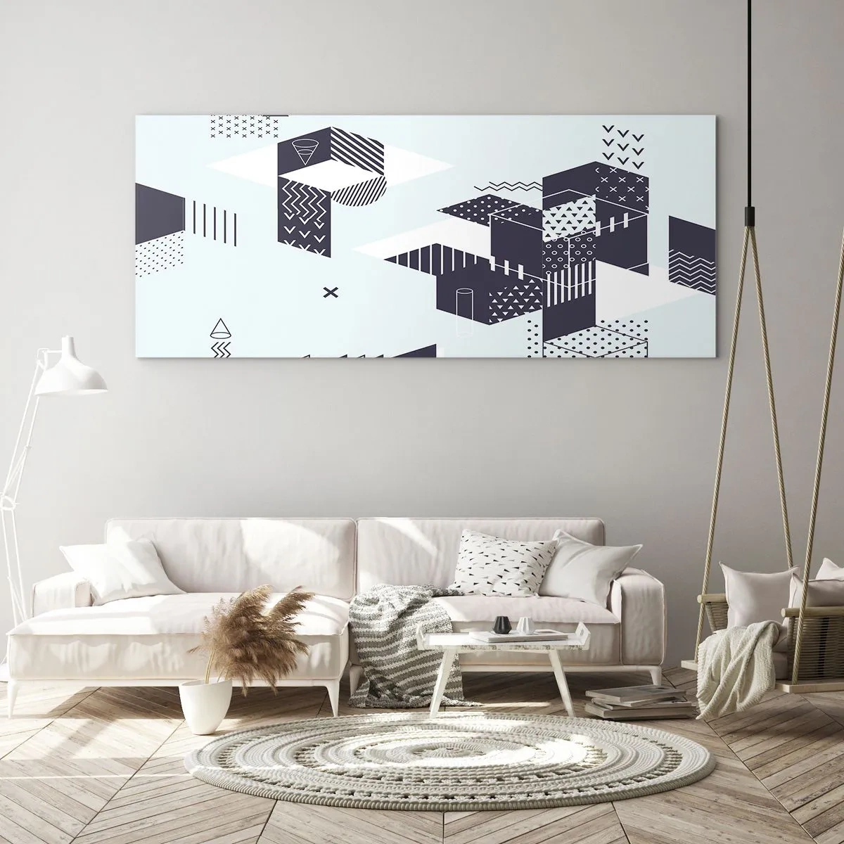 Quadro su vetro - Grafica geometrica moderna nei toni del bianco e del blu navy - 140x50cm - La matematica nell'anima - Decorazione murale moderna per soggiorno e camera da letto ARTTOR